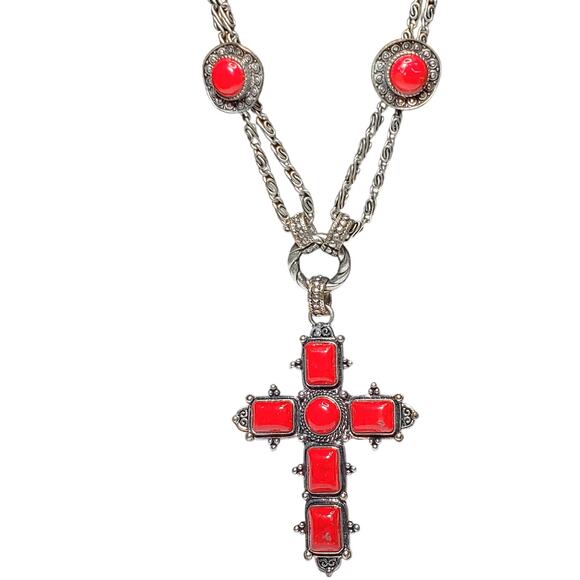 Red Silver Tone Chunky Cross Rose Charms Double Chain Necklace 22" Unsigned - Picture 4 of 9